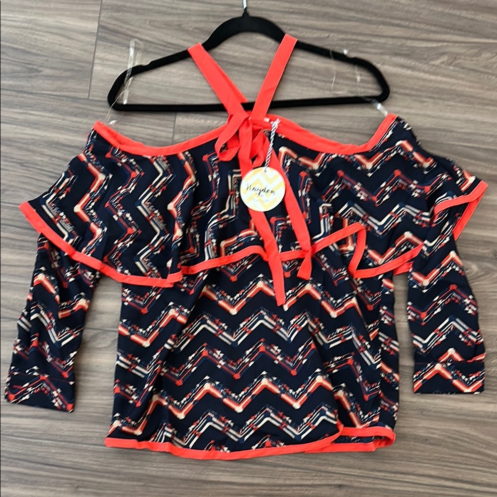 Hayden Zigzag Off-Shoulder Blouse - Navy Blue and Coral